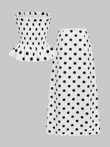 QUNGIGU Women Polka Dot Two Pieces Set Strapless Tube Top And Long Skirt Summer Outfits For Beach Vacation Dating - White - View 6