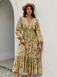 Rusttydustty Women's Vacation Style Elegant Garden Floral V-Neck Long Sleeve Dress - Yellow - View 1