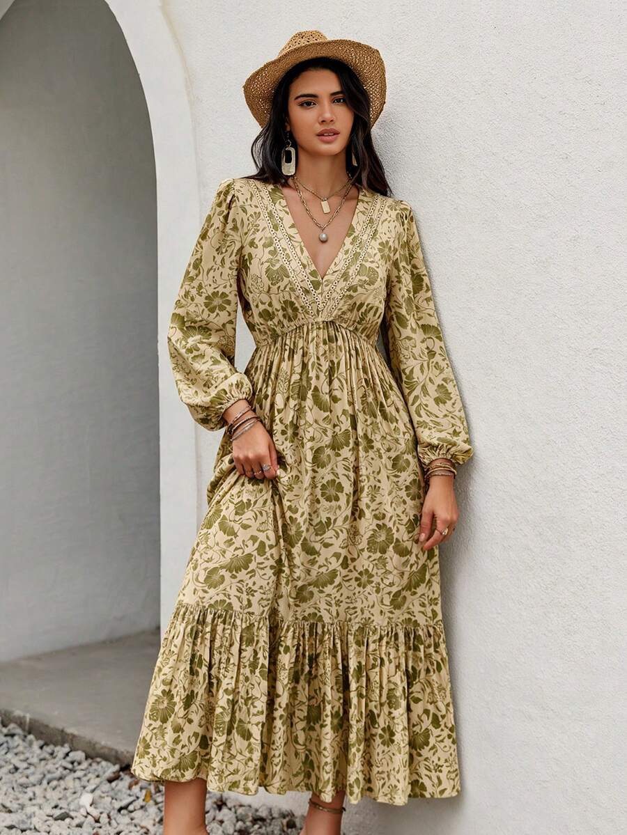Rusttydustty Women's Vacation Style Elegant Garden Floral V-Neck Long Sleeve Dress - Yellow - View 1