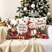 4pcs Vintage Christmas Pillow Covers, Snowman, Reindeer, Santa Claus, Exquisite Christmas Tree Gift Print Pattern, Clear 2D Printing Process, 45*45cm (18*18in), Soft Comfortable Polyester Cushion Covers, Zipper Closure, Machine Washable, Suitable For Living Room, Bedroom, Winter Holiday Home Decor (Pillow Covers Only, Pillow Insert Not Included) - Multicolor - View 6