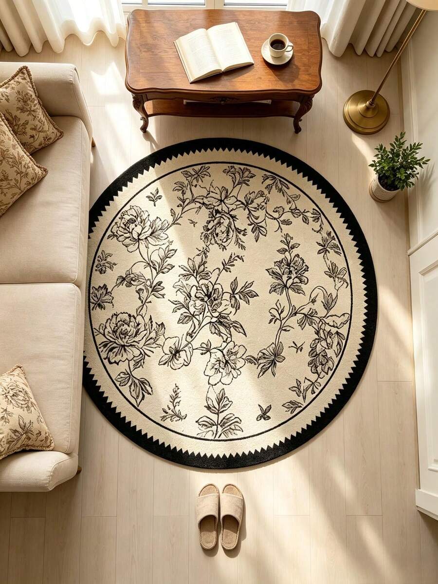 1 Stück Vintage-Teppich, handbemalt, schwarz-floral, rund – verschiedene Größen (Durchmesser 60–160 mm) erhältlich, 850 g/m² dickes, weiches Flanellmaterial, rutschfeste Unterseite, flecken- und schmutzabweisend – perfekt für die Dekoration von Wohnzimmer, Schlafzimmer, Kinderzimmer, Terrasse, Küche, Esszimmer, Waschküche, für alle Jahreszeiten geeignet, auch als Festtagsdekoration!