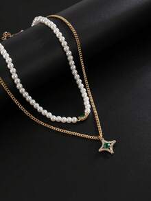 2pcs/Set Autumn Men's Vintage Gold Double Layer Stacked Necklace, Pearl Green Gemstone Square Diamond Collarbone Chain + Star Green Diamond Pendant, Autumn Sweatshirt Matching Accessory Holiday Gift - 2pcs - View 5