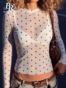 BADDIE REALM Atasan Jala Lengan Panjang Slim Fit Wanita Motif Polkadot, Elastis, Pakaian Dasar Sehari-hari - Putih - View 4