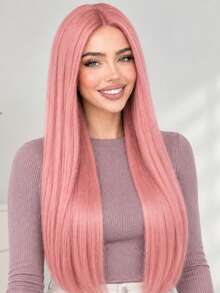 28 Inch Women's Long Straight Middle Part Pink Wig, Fashionable Elegant Smooth Silky, Suitable For All Women Daily Wear And Party Styling - Pink - View 6