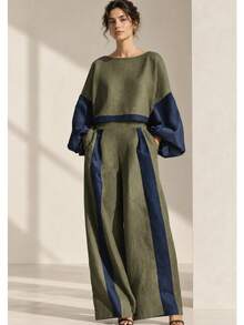 Women's Spring/Autumn Colorblock Patchwork Loose Lantern Sleeve Short Top And Loose Colorblock Wide Leg Long Pants 2 Pieces Set - Olive Green - View 1