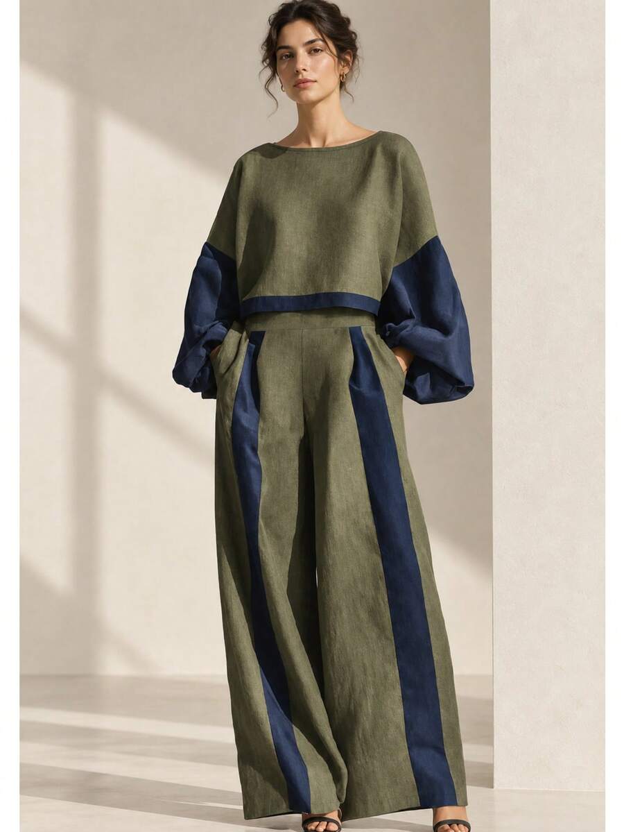 Women's Spring/Autumn Colorblock Patchwork Loose Lantern Sleeve Short Top And Loose Colorblock Wide Leg Long Pants 2 Pieces Set - Olive Green - View 1