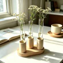 Test Tube Vase With Wooden Base, Clear Glass Hydroponic Flower Holder, Minimalist Tabletop Floral Decor, 1-Tube (2Pcs/Set), 2-Tube & 3-Tube (1Pc/Set) - 3 Styles - View 11