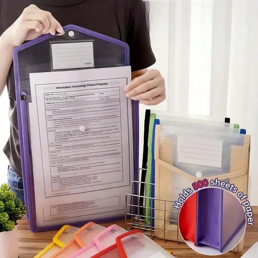 Colorful Transparent Plastic Expanding File Folder – Large Capacity Storage Folder, Suitable For Receipts, Bills And Taxes, A4/Letter Size, For School, Office Or Home Use, Desktop File Organizer, Simple Snap Design, Visible Folder - Multiple Styles - View 1