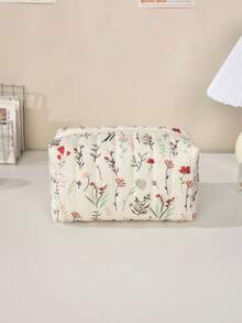 Floral Quilted Makeup Bag With Handle, Large Capacity Double Zipper Cosmetic Organizer For Makeup, Brushes And Toiletries, Portable Travel Storage Case For Women - Multicolor - View 7