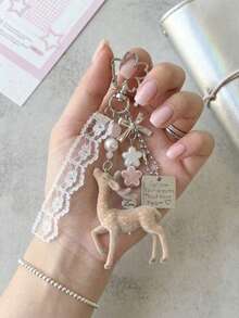 1pc Resin Flocked Deer Keychain Pendant, Decorated With Lace, Pearls And Bows. Sweet Style Backpack Keychain Pendant. Y2K Girl Gift. Suitable For Ages 14 And Up. - Apricot - View 1