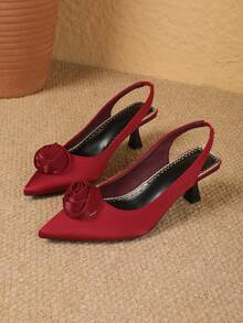Sexy Fashion Floral Decor Pointed Toe Wine Glass Heel Slingback Women Red High Heels - Red - View 6