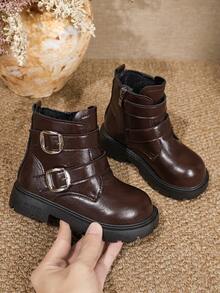 1 Pair Kids Leather Buckle Short Boots Soft PU Dual Hook & Loop + Inner Zipper Design Maillard Style Motorcycle Boots Suitable For Daily School Outdoor Autumn Winter New Arrival - Coffee Brown - View 4