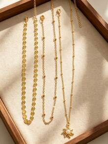 3pcs Set Exquisite Sun Pendant Necklace With Disc And Bead Chain, Multi-Layer Wearable Women's Daily Fashion Jewelry (Bead Quantity Random) - Gold - View 5