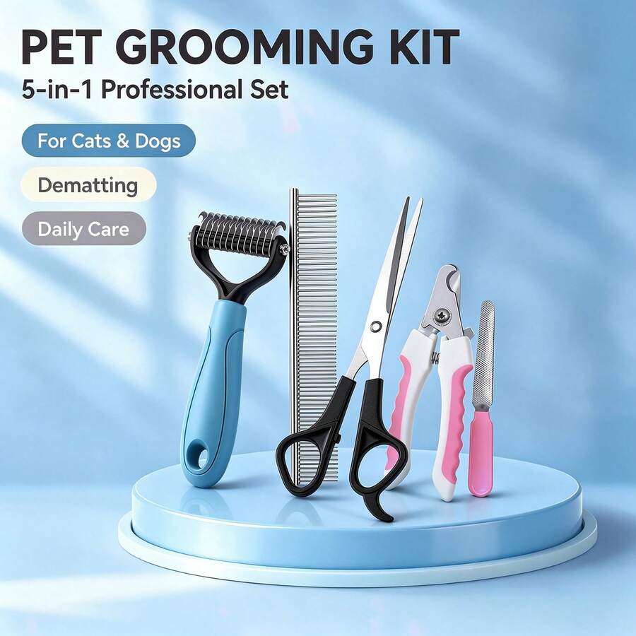 5Pcs Pet Grooming Tools Kit For Dogs Cats, Dematting Comb, Density Comb, Grooming Scissors, Nail Clipper & File, Knot & Tangles Removal For Long Short Hair - View 1