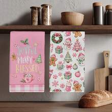 2pcs Cartoon Pink Christmas Elements Gingerbread Man Snowman Candy Pattern Kitchen Towels, 40*60cm Soft Microfiber Material Tea Towels, Suitable For Home Kitchen Restaurant Outdoor Camping Tabletop Cleaning Dish Cloth Hand Towel Accessories, Cute Christmas Theme Kitchen Towels Holiday Gift - Multicolor - View 7