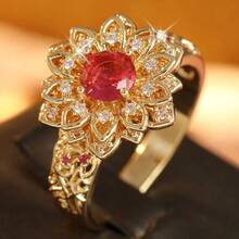 Women Vintage Hollow Flower Ring, Multi-Layer Petals Inlaid With Red Synthetic Zirconia, Intricately Carved Band, Exquisite Statement Jewelry For Banque - Multicolor - View 6
