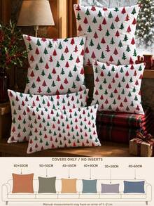 Christmas Minimalist Red & Green Christmas Tree Pattern Waffle Fabric Cushion Cover, Single Side Printed Soft Waffle Polyester Material, Waffle Pillowcase Suitable For Room Decoration, Modern Minimalist Sofa Living Room Decor, Gift Giving, Party Decoration - Multicolor - View 3