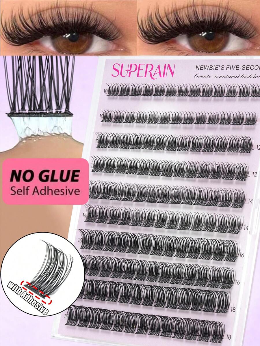 130 Clusters Glue Free Voluminous Fluffy False Eyelashes, 10-18mm Mixed Pre-Glued Self-Adhesive Wispy Extension Lashes, Segmented Dense Lash Clusters For Women Beginners Everyday Eye Makeup Tools, Easy Application - D - View 1