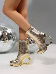 Solid Color Western Style Back Zipper Smooth Finish 2026 High Heel Shoes Holiday Winter - Gold - View 6