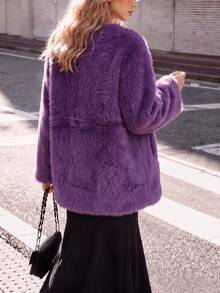 Women's Purple Casual Lazy Fuzzy Knit Pullover Sweater, Long Sleeve, Comfortable And Warm, Regular Fit, Suitable For Winter Wear - Purple - View 2
