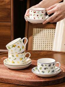 1 Set 100ml Ceramic Cup & Saucer, Fruit Pattern Espresso Cup, (With Gold Spoon) Suitable For Party, Afternoon Tea, Also For Restaurant, Living Room And Cafe, Ideal Holiday Gift - Multicolor - View 2