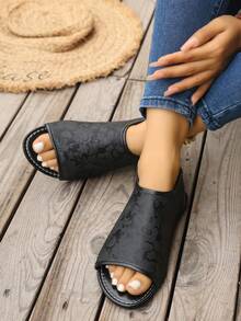 Women's Chinese Style Printed Peep Toe Minimalist Sandals - Black - View 2
