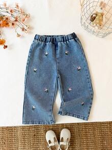 1pc Baby Girl Sweet Floral Embroidery Blue Wide Leg Pants, Casual Autumn Style - Light Wash - View 2
