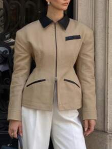 Long Sleeve Vintage Patchwork Turn-Down Collar Multi-Pocket Cinched Waist Wide Shoulder Casual Jacket Fall - Khaki - View 3