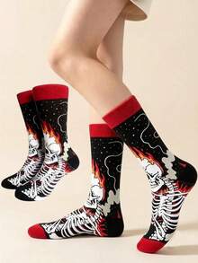 1/4 Pairs Halloween Funny Quirky Mid-Calf Socks. Skeleton Bones Bat. Ghost. Flame Flower Pattern. Unisex Gothic Style Party Outfit. Holiday Gift Decoration Socks. Autumn/Winter - Multicolor - View 1