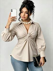 Plus Size Women's Elegant Front Knot Ruched Long Sleeve Blouse - Milky White - View 2