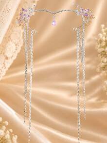 KOVLYNE 1pc Luxurious Rhinestone Floral Hair Chain, Purple Crystal Pearl Forehead Ornament With Draping Chain, Elegant Bridal Hair Accessory, Suitable For Wedding, Graduation Ball, Party And Special Occasions - Silver - View 2