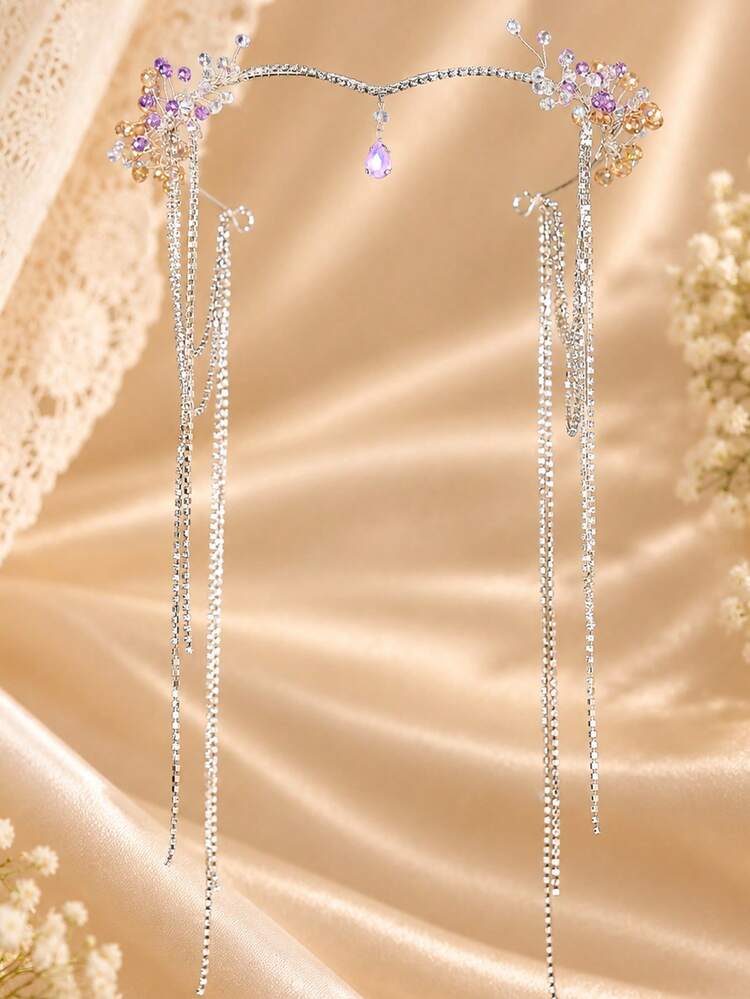 KOVLYNE 1件裝奢華水鑽花卉髮鏈，紫色水晶珍珠額飾附垂墜鍊條，優雅新娘髮飾，適用於婚禮、畢業舞會、派對及特殊場合 - 銀色 - 查看 2