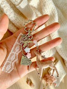 1pc Resin Flocked Deer Keychain Pendant, Decorated With Lace, Pearls And Bows. Sweet Style Backpack Keychain Pendant. Y2K Girl Gift. Suitable For Ages 14 And Up. - Apricot - View 6