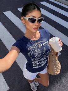 女式 Y2K 风格英文字母印花针织面料 T 恤，春夏季休闲街头服饰 - 藏蓝色 - 查看 9