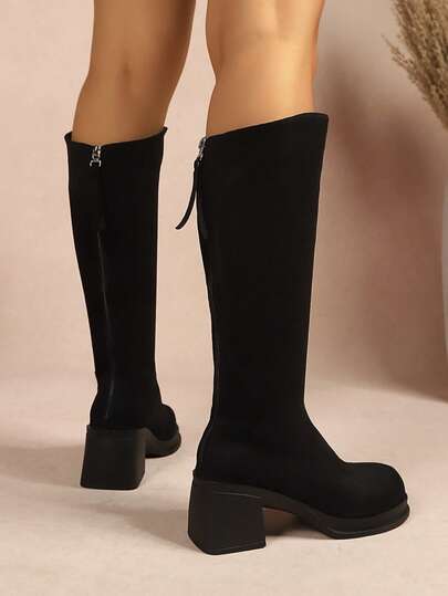 Women's Knee-High Boots, Matte Suede Fine Texture Shaping Boots, Back Tassel Zipper Pendant, Round Toe, High Shaft Long Boots, Back Zipper, Chunky Square Heel, Straight Leg, Elastic Riding Boots, Minimalist Vintage Urban Street Party Gathering Daily Appointment, Autumn/Winter Black
