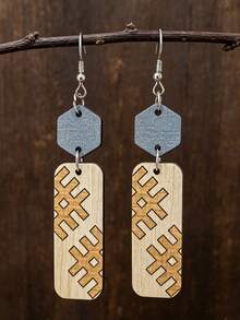 1 Pair Hexagon & Rectangle Patchwork Wooden Earrings, Geometric Pattern Wooden Slice Vintage Ear Jewelry - Beige - View 7