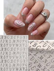 QIANJIKU 5pcs 3D Silver Aurora Cursive English Letter Nail Stickers, Multi-Color Heart & Letter Pattern, Exquisite Fashionable Style Nail Decor, Autumn Daily Party Wedding Season Back To School Nail Artist Supplies - Multicolor - View 3