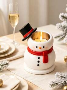 1Pc White Snowman Candle Holder, Vintage Resin Round Figurine With Hat & Scarf, Tabletop Decorative Candlestick For Christmas Holiday Home Table Decoration - Multicolor - View 6