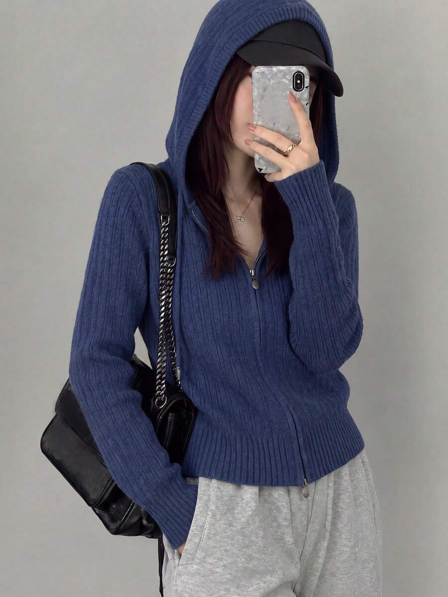 Women's New Knit Hooded Zip-Up Cardigan, Short Length Long Sleeve, Suitable For Autumn/Winter Wear - Blue - View 1