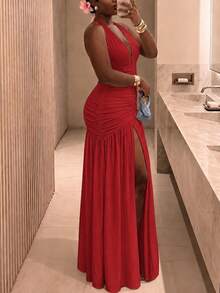 Sexy Halter Neck Tie Deep V-Neck High Slit Patchwork Pleated Backless Knit Dress - Red - View 2