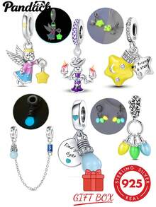 1pc S925 Sterling Silver Glow-In-The-Dark Beaded Pendant, Angel, Wizard, Star, Light Bulb, Colorful Light Multiple Styles, Glow-In-The-Dark Enamel With Rhinestone Details, Comes With Gift Box, Suitable For Bracelet Necklace DIY, Romantic Personalized Commemorative Accessory That Glows At Night - Multicolor - View 12