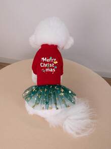 Christmas Pet Dog Velvet Christmas Candy Cane Print Star Tulle Dress Holiday Costume Outfit - Red - View 11