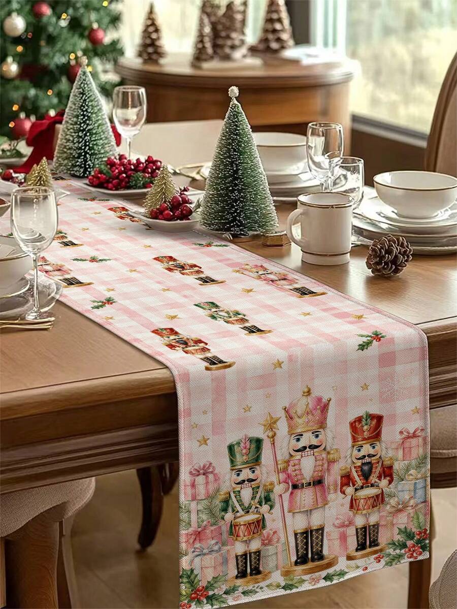 Taplak Meja Panjang Natal Motif Kotak-Kotak Nutcracker dengan Bantal dan Alas Piring, Dekorasi Meja Makan untuk Pesta Libur Natal, Perlengkapan Dekorasi Rumah Dapur - MultiWarna - View 1