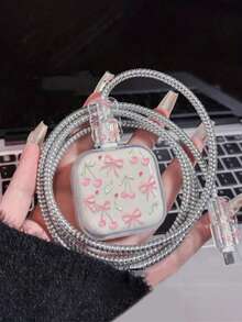 4pcs Pink Cherry Bow Data Cable Charger Protective Covers Compatible With UK 20W Series Chargers - Clear - View 2