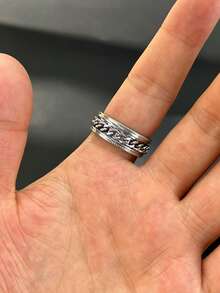 Street Hip-Hop Men Ring, Stainless Steel, Rotatable Chain Texture Band, Cool Jewelry For Men Daily Wear - Silver - View 6