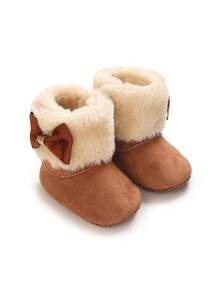 Sepatu Bot Bayi Perempuan Berbulu Lembut, Kerah Bulu Lipat dengan Pita, Sol Lembut, Sepatu Bot Hangat untuk Bayi Baru Lahir Sebelum Berjalan - Coklat - View 1