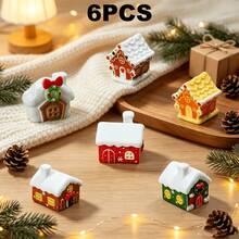 6Pcs Mini Christmas Gingerbread House Statue, Snowy Roof Small House Figurine For Fairy Garden & Tabletop Display - A - View 6