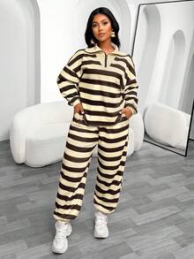 Fashionable Women's Striped Casual 2 Pieces Set, Contrast Color Collar, Zipper Detail Top With Matching Pants, Suitable For Casual Occasions - Yellow - View 7