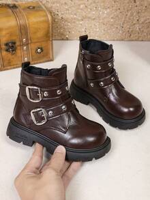 1 Pair Kids Leather Buckle Short Boots Soft PU Dual Hook & Loop + Inner Zipper Design Maillard Style Motorcycle Boots Suitable For Daily School Outdoor Autumn Winter New Arrival - Coffee Brown - View 8