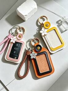 Handheld Key Pouch, PU Material Key Chain Set With Cherry Blossom Accessory, Car Key Protector, Key Chain Cover, Leather Car Key Case, Key Chain Pendant, Effectively Prevents Key Scratches, Wear And Impact, Universal PU Car Key Cover, Remote Key Protector, Suitable For Various Car Key Cover Protectors - Multicolor - View 4